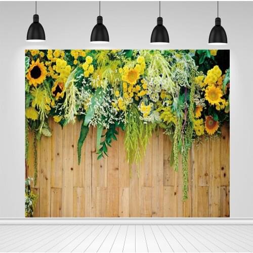Scopiso Wooden Board Sunflowers Blooming Plants Baby Portrait Photography Backdrops Photo Backgrounds Birthday Wedding Photocall