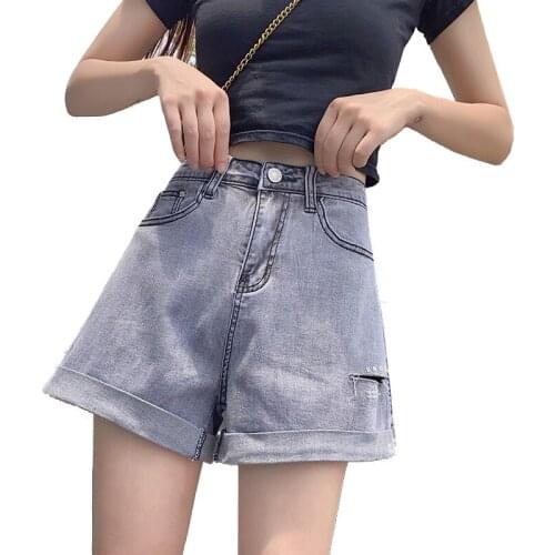 Cotton high-waist hole denim shorts womens summer new style elastic tight-fitting thin a-line Korean hot pants womens clothing