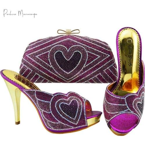 Purple African Slippers with Matching Bag for Woman African Party Shoes and Bag Set African Wedding Shoes with Crystal