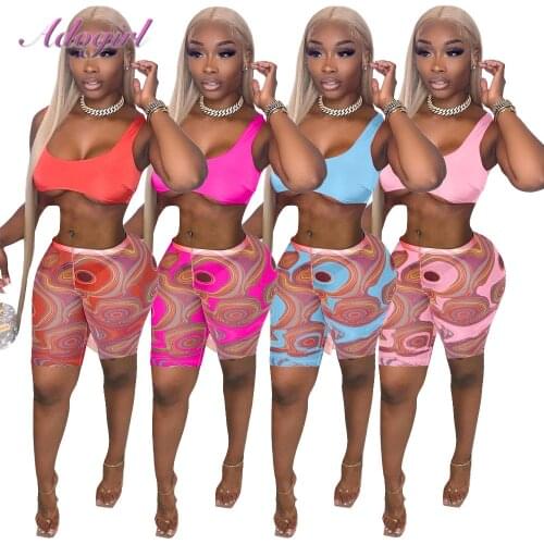 Women Fitness Summer Suit Sport Tracksuit Solid Vest Crop Top Fashion Print Shorts Athletic Yoga Two Piece Set Outfit Matching