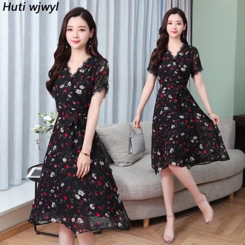 Summer New Floral Chiffon Beach Midi Dresses 2021 Vintage Plus Size Black Sexy Boho Sundress Women Bodycon Elegant Party Vestido