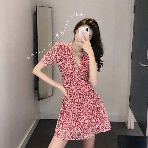 Summer Chiffon Floral Print Small Daisies Short Sleeve V-Neck High Waist Slim A-Line Yeelow Red Holiday Cocktail Dresses 9735