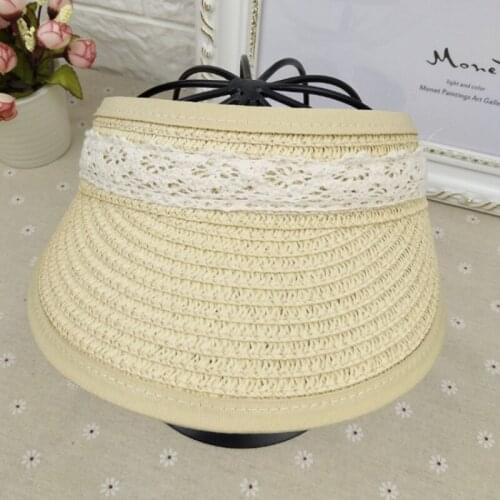 Summer Outdoor Lace Straw Hats For Women Beach Holiday Adjustable Visor Hat With Big Heads Wide Brim