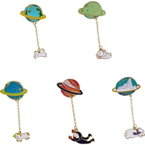 Fashion accessories metal enamel planet earth spaceman cat rabbit unicorn brooch collar pin badge