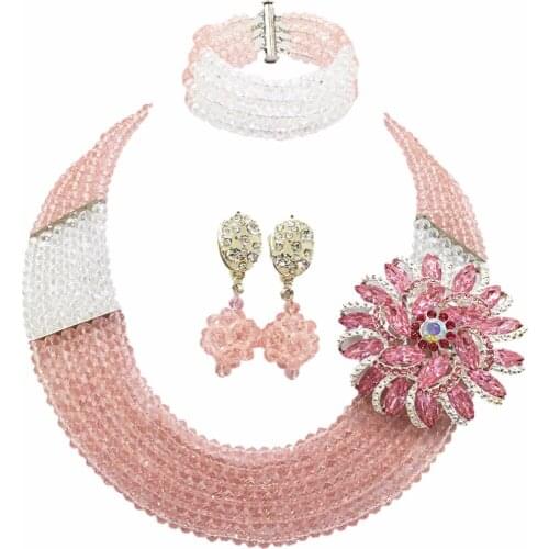 Fashion Peach Clear AB Nigerian Wedding Beads Statement Necklace African Jewelry Set for Women Crystal 6-SS16