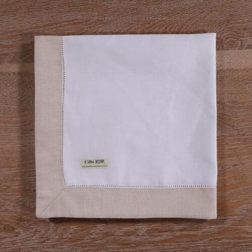 N037-K-20: 4pieces White Hemstitch Dinner Napkins Khaki hem Ramie Cotton Blend Ladder Hemstitch table linen