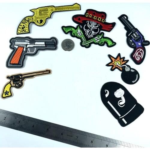 Bomb Cannon Human Skeleton Patches Iron On Cowboy Revolver Bullet Appliques Cartoon Back Rubber Embroidery Shoes Hats Badges