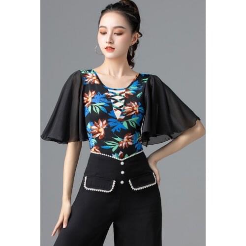 2021 New Latin Dance Tops Flower Print Short Sleeve Shirt Professional Rumba Tango Samba Cha Cha Dance Practice Clothing DQL5664