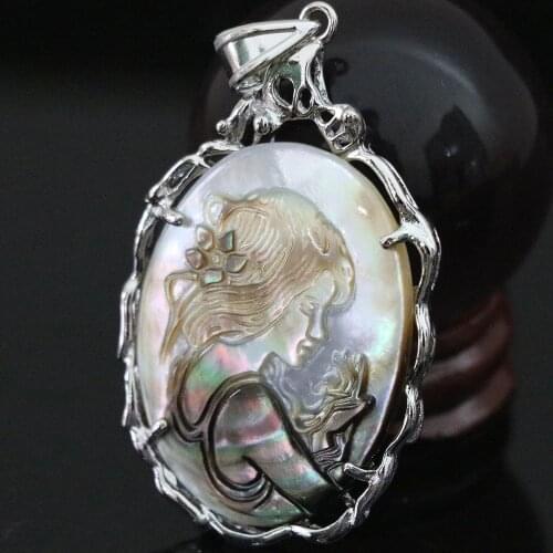 Charms elegant natural white mother shell 35x50mm oval pendant carving girls Newly picture jewelry B1107