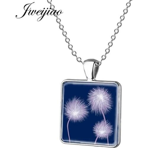 JWEIJIAO White Dandelion Necklace Butterfly Flying In Dandelion Art Picture Square Pendant Necklace Jewelry gift DP01
