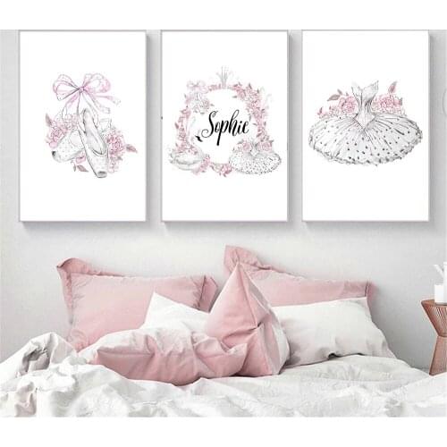 Custom Name Ballet Girl Poster Toe Shoe Bowknot Art Print Pink Dress Swan Flower Wall Art Canvas Painting Baby Kids Room Decor