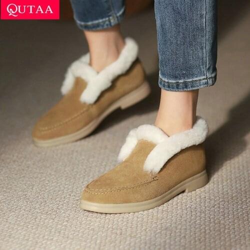 QUTAA 2022 Winter Warm Fur Platform Women Shoes Cow Suede Round Toe Fashion Snow Boots Flat Heel Casual Ankle Boots Size 36-41