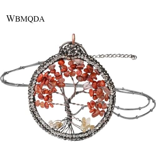Luxury Big Tree Of Life Pendant Necklace Red Natural Stone Crystal Long Necklace Women Gun Black Chain Vintage Jewelry