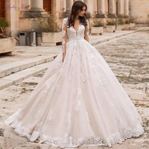 Julia Kui Gorgeous A-line Wedding Dress Elegant Lace Of Deep V Neckline Court Train Bride Dress