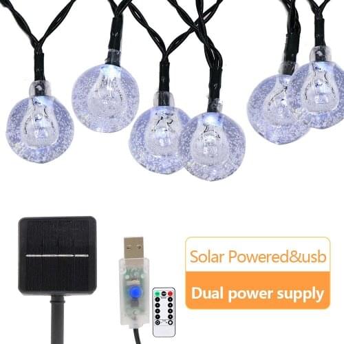 11M 60 Leds USB and Solar Power 18mm Ball String Light & Remote Controller 8 Modes Dual Usage for Holiday,Party