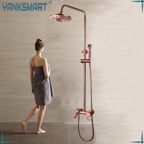 YANKSMART Antique Cooper Bathroom Shower Set Wall Mounted Mixer Double Handle Shower Room Accessories