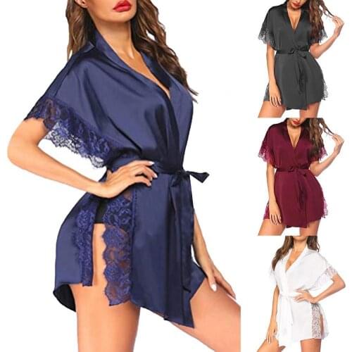 Women Nightdress Solid Color Lace Patchwork V Neck Above Knee Nightwear Night Dress with Belt Patchwork Belt Nightgown Sleepwear