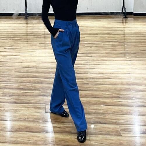 Female Latin Dance Pants Blue Practice Rumba Clothes National Standard Dance Loose Wide-Leg Long Trousers Samba Clothing DQL5295