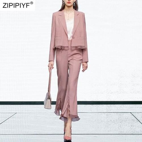 2021 Summer Runway Fashion Notched Neck Long Sleeve Ruffles Design One Button Blazers High Waist Flare Pant Women Suits Z250