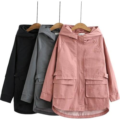 2021 Spring Autumn Hooded Trench Coat Women Long Sleeve Pockets Design Straight Overcoat Plus Size Windbreaker Female Outerwear