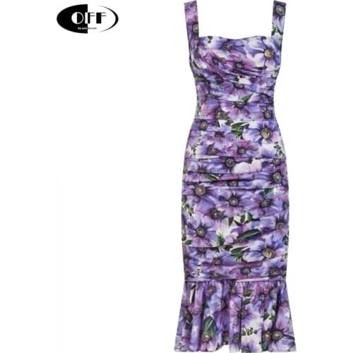 Designer Vintage Printed Midi Dresses Women Elegant Sleeveless Backless Drape Bodycon Ruffles Holiday Beach Purple Dress Vestido