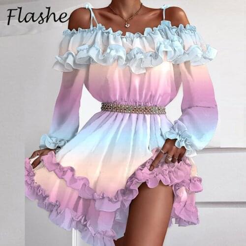 Women Sexy Dress Boho Print Long Sleeve Off Shoulder Ruffle Party Dress 2021 Spring Autumn Elegant Female Short Dresses Vestido