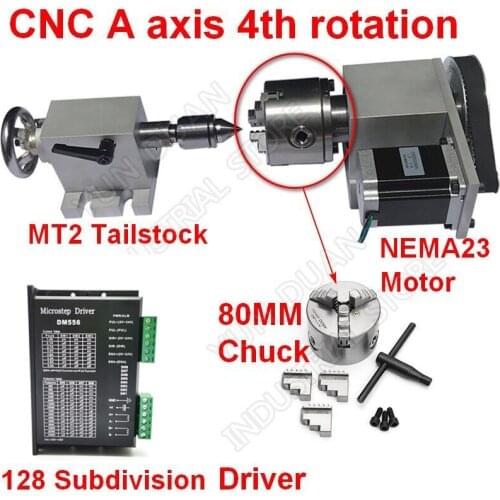 4 Axis rotation A Axis Extend Rotary & Nema23 stepper motor & Driver & 80mm Chuck& MT2 Tailstock kit for wood CNC Milling Router