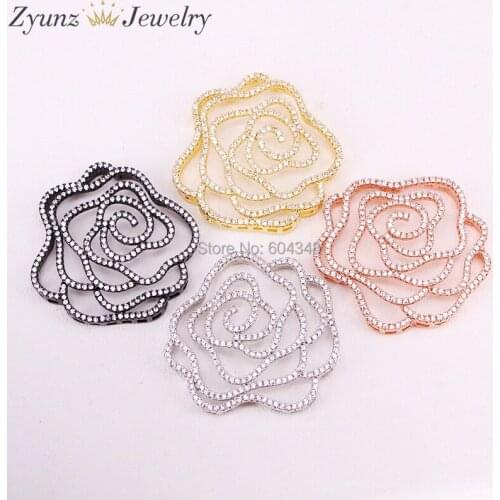 4PCS ZYZ325-9492 CZ Micro Pave Flower Pendant Connector, Gold/Rose Gold/Black/Silver Color Pendant, Floral Pendant Findings