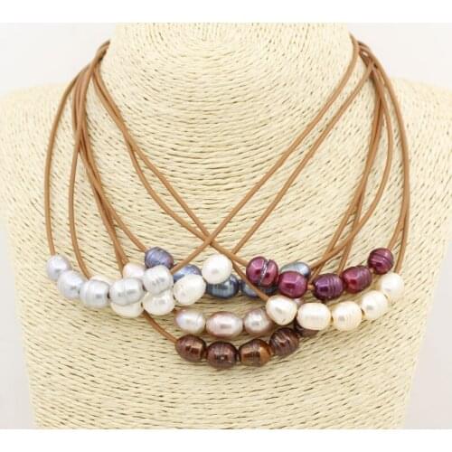 White Pink Lilac Gray Black Red Brown Pendant Pearl Necklace 18" Leather