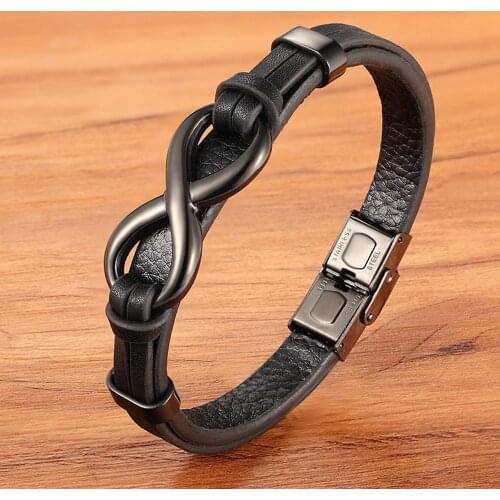 Stainless Steel Leather Bracelet Infinity Logo Special Popular Pattern Mens Bracelet DIY Size Valentines Day Handsome Gift
