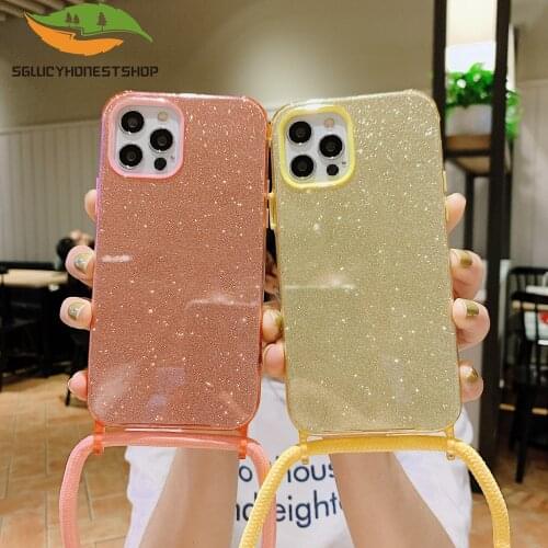Girls Women Bling Diamonds Glitter Sparkle With Crossbody Lanyard Strap Shockproof Soft Case Cover For iPhone 12 Mini 11 Pro Max