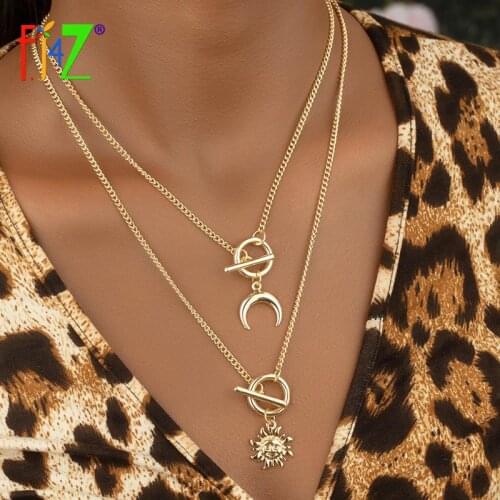 F.J4Z Womens Statement Necklace 2021 Trend Toggle Moon Sun Pendant Necklace Lady Summer Jewelry Gifts цепь на шею