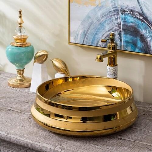 Jingdezhen factory directly hand ceramic hand painted porcelain sink ceramic wash basin bathroom sinks golden