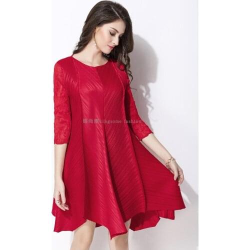 HOT SELLING Miyake Easing of big yards A word round collar fold seven sleeve dress fashion IN STOCK