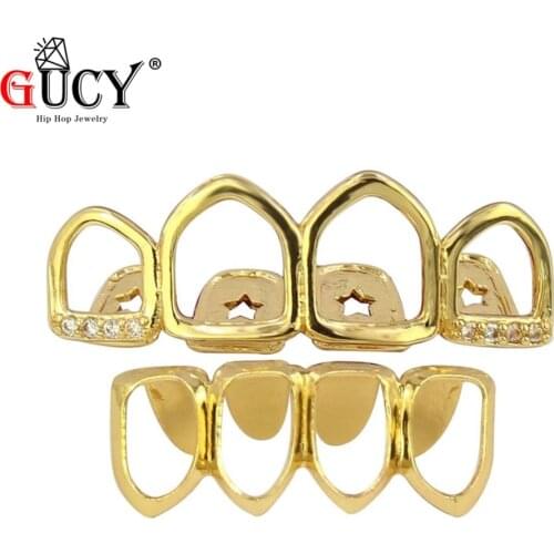 GUCY Hip Hop Teeth Grillz Set Gold Color Plated Four Full Open Face Hollow Top CZ & Bottom Teeth Grills Caps Men Women Gift