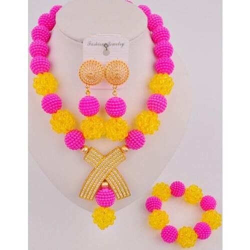 Fashionable Fuchsia Pink and Yellow Costume Necklace African Set Nigerian Beads Jewelry Sets SP-2-7