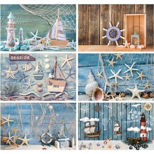1st Birthday Photozone Wooden Board Starfish Light Boat Sea Beach Kid Portrait Photography Backdrops Photo Background Photophone