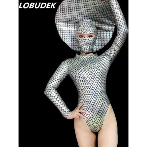 Laser Silver Fish Scale Mermaid Bodysuit Mask Big Headgear Female Stage Wear Club Bar Party Show Costume Jazz Dance Team Outfits
