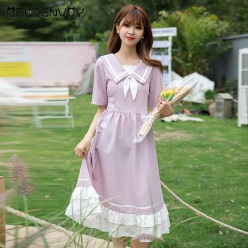 Japanese Summer Preppy Lolita Style Dress Cute Sailor Collar Bow Tie Vintage Dresses Sweet Mori Girl Ruffles Midi Vestidos