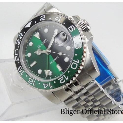 BLIGER New Arrival 40mm Wristwatch Men Sapphire Glass Date Window Ceramic Bezel GMT Hand Mental Strap
