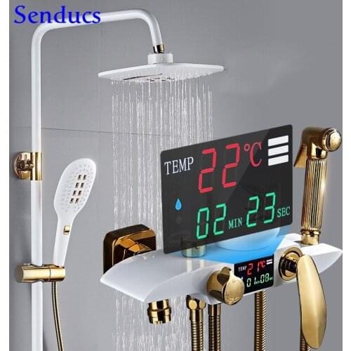 Senducs White Gold Digital Shower Set Quality Brass Bath Bidet and Shower Faucet Newly Rainfall Shower Head Thermostatic Shower