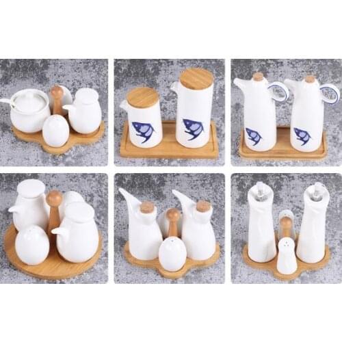 5-piece ceramic seasoning bottle soy sauce vinegar oil pot seasoning pot set kitchen supplies bamboo and wood seasoning box