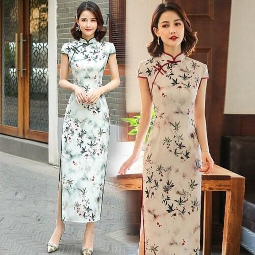 Summer New Long Silk Cheongsam Improved Daily Party Cheongsam Fresh Short Sleeve Traditional Chinese Women Long Dresses Платье