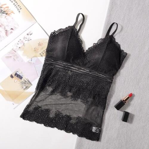 Transparent Lace Bralette Women Tank Top Sexy Lingerie Deep V Top Beauty Back Wireless Sexy Underwear Padded Camisole Femme