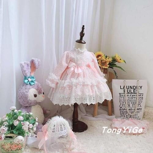 Pink lace long sleeve christening girls Spanish lace puffy princess dress Lolita soft sister maid birthday dress