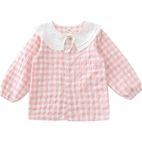 Baby Girls Shirt Little Toddler Spring Cotton Blouse Infant Pink Grid Bowtie Soft Casual Cute Comfortable Bowknot Round Collar