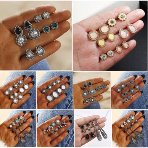 5 pairs / set multi color Blue Oval Crystal Pearl Stud earring Set for woman earring jewelry wholesale