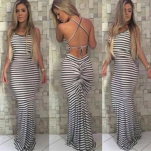 Women Sexy Dress Summer Vintage Boho Striped Long Maxi Evening Party Beach Dress Backless Strap Sundress Women clothes