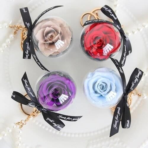 Creative Natural Preserve Flower Keychain Rose Acrylic Round Ball Pedant Hanging Pearl Keychain Valentines Day Wedding Gift