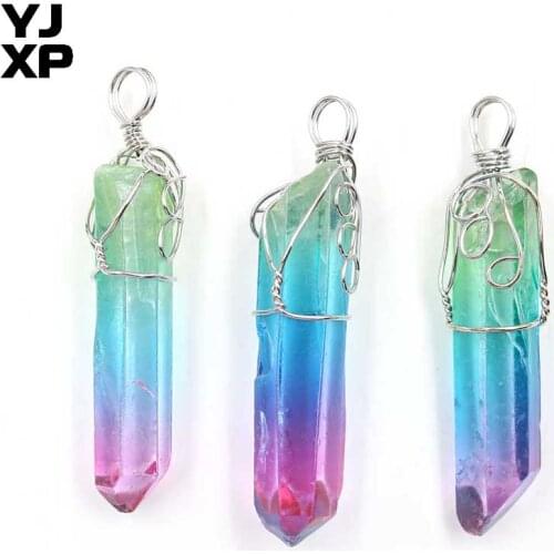 YJXP Irregular Titanium Coated White Crystal Colorful Pillar Wire Wrapped Reiki Healing Spiritual Pendant Women Charm Jewelry